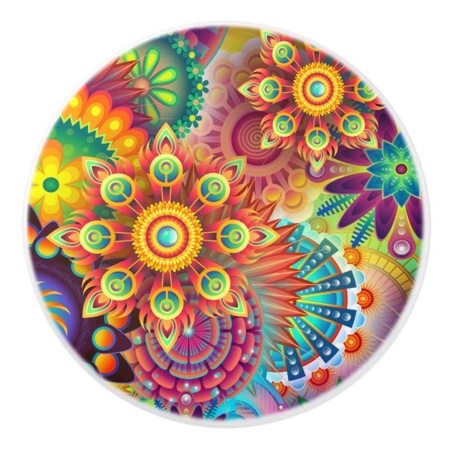 Psychedelic Bohemian Colourful Retro Abstract Ceramic Knob (Front)