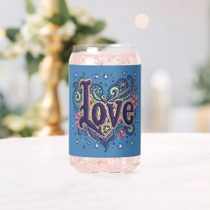 Psychedelic Boho Love Lettering with Floral Accent Can Glass