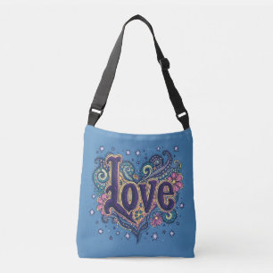 Psychedelic Boho Love Lettering with Floral Accent Crossbody Bag