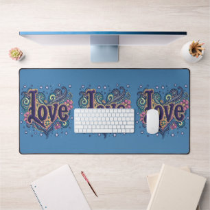 Psychedelic Boho Love Lettering with Floral Accent Desk Mat