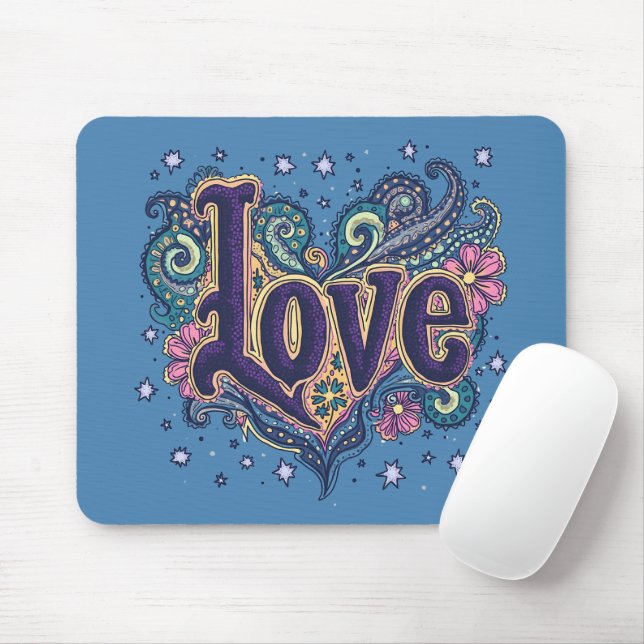 Psychedelic Boho Love Lettering with Floral Accent Mouse Mat (With Mouse)