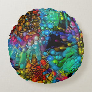 Psychedelic Bubble Burst Abstract Daisies Round Cushion