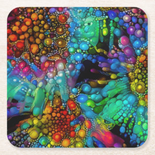 Psychedelic Bubble Burst Abstract Daisies  Square Paper Coaster
