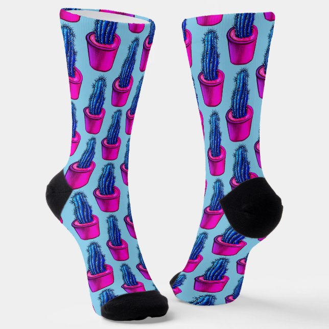 Psychedelic Cactus Blue Purple Trippy Fun Crazy Socks (Angled)