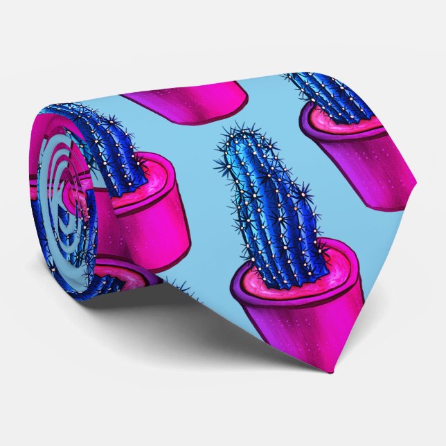 Psychedelic Cactus Blue Purple Trippy Fun Crazy Tie (Rolled)