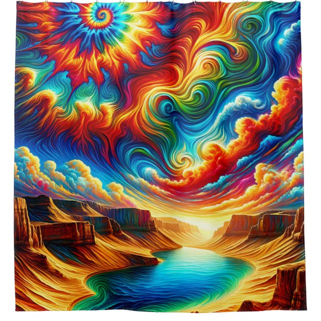 “Psychedelic Canyon Landscape - Vibrant Surreal Ar Shower Curtain (Front)