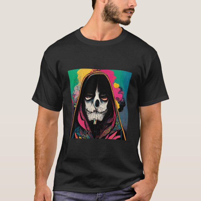 Psychedelic cartoon Grimm reaper smoking a cigaret T-Shirt (Front)