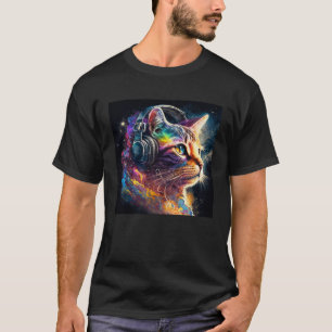 Psychedelic Cat in Space wearing Headphones T-Shirt
