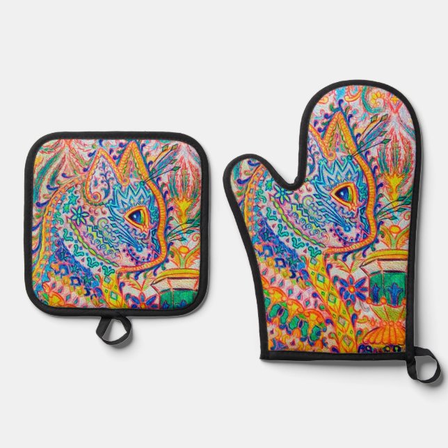 Psychedelic Cat, Louis Wain Oven Mitt & Pot Holder Set (Front)