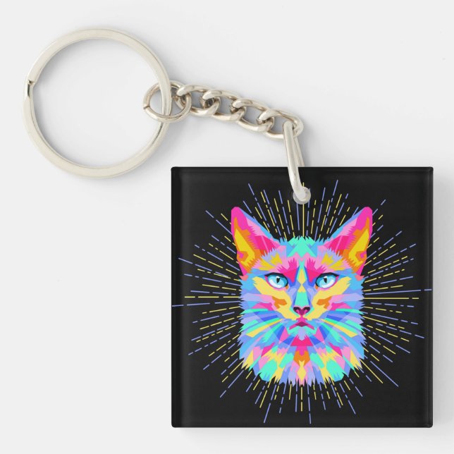 Psychedelic Cat Sticker, Waterproof Key Ring (Front)