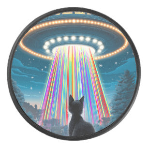 Psychedelic Cat & UFO Funny Alien Abduction Art Hockey Puck