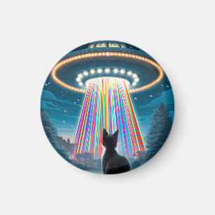 Psychedelic Cat & UFO   Funny Alien Abduction Art Magnet