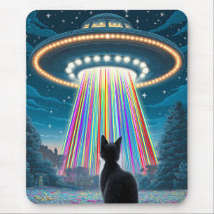 Psychedelic Cat & UFO   Funny Alien Abduction Art Mouse Mat