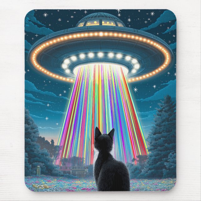 Psychedelic Cat & UFO | Funny Alien Abduction Art Mouse Mat (Front)