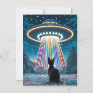 Psychedelic Cat & UFO Funny Alien Abduction Art Postcard