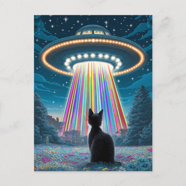 Psychedelic Cat & UFO | Funny Alien Abduction Art Postcard (Front)