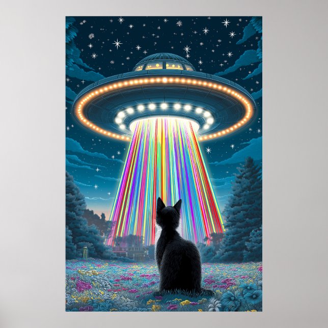Psychedelic Cat & UFO | Funny Alien Abduction Art Poster (Front)