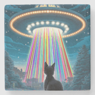 Psychedelic Cat & UFO Funny Alien Abduction Art Stone Coaster