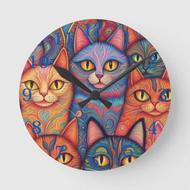 Psychedelic cats. Hippy, Bohemian, BoHo Round Clock (Front)
