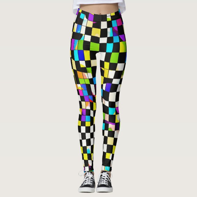 "Psychedelic Checkmate: Trippy Chequered Leggings" Leggings (Front)
