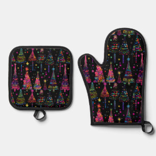 Psychedelic Christmas Trees on Black Oven Mitt & Pot Holder Set
