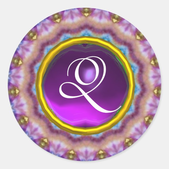 PSYCHEDELIC CIRCLES MONOGRAM blue purple pink Classic Round Sticker (Front)