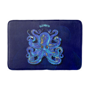 Psychedelic Colourful Blue Octopus With Brown Eyes Bath Mat