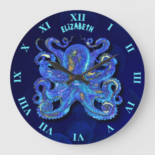 Psychedelic Colourful Blue Octopus With Brown Eyes Large Clock