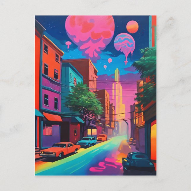 Psychedelic Colourful City Drippy Art Postcard (Front)