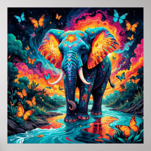 Psychedelic Colourful Elephant and Butterflies Poster