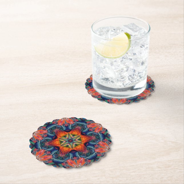 Psychedelic Colourful Kaleidoscope Pattern Paper Coaster (Insitu)