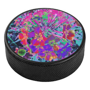 Psychedelic Colourful Red and Purple Flowers Hockey Puck