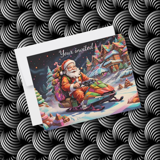 psychedelic colours santa riding snowmobile party invitation (Creator Uploaded)