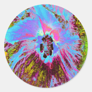Psychedelic Cornflower Blue and Magenta Hibiscus Classic Round Sticker
