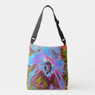 Psychedelic Cornflower Blue and Magenta Hibiscus Crossbody Bag