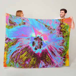 Psychedelic Cornflower Blue and Magenta Hibiscus Fleece Blanket