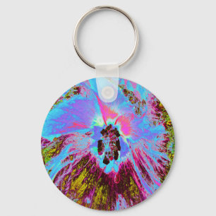 Psychedelic Cornflower Blue and Magenta Hibiscus Key Ring