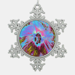 Psychedelic Cornflower Blue and Magenta Hibiscus Snowflake Pewter Christmas Ornament