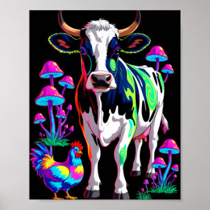 Psychedelic Cow Chicken Mushrooms Farm Animal Art Poster