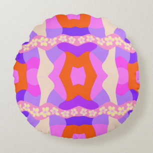 Psychedelic Daisy Chain Patchwork - Pink Purple 2 Round Cushion