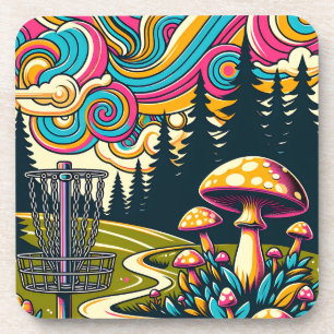 Psychedelic Disc Golf Basket and Retro Mushrooms Coaster