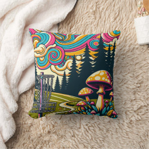 Psychedelic Disc Golf Basket and Retro Mushrooms Cushion