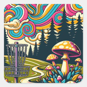 Psychedelic Disc Golf Basket and Retro Mushrooms Square Sticker