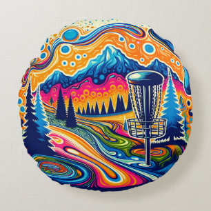 Psychedelic Disc Golf Course in the Mountains Round Cushion