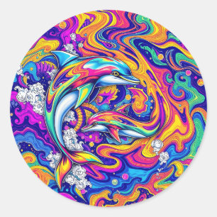 Psychedelic Dolphins in Vivid Ocean Swirls Classic Round Sticker