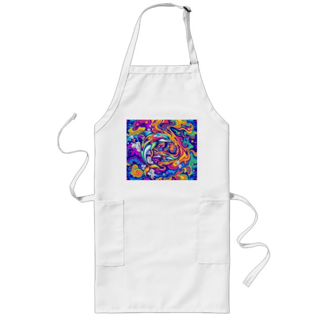 Psychedelic Dolphins in Vivid Ocean Swirls Long Apron (Front)