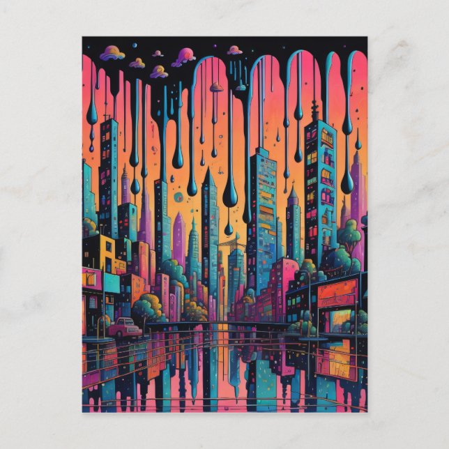 Psychedelic Drippy City Art  Postcard (Front)