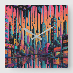 Psychedelic Drippy City Art Square Wall Clock