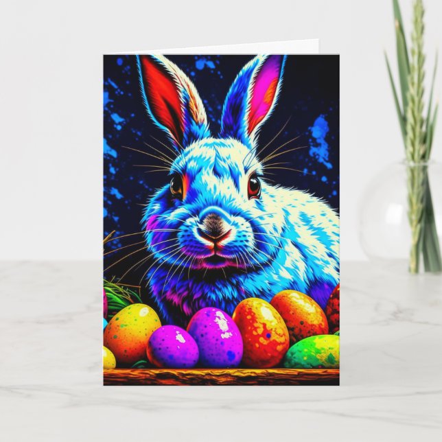 Psychedelic Easter Bunny with Eggs Holiday Card (Front)