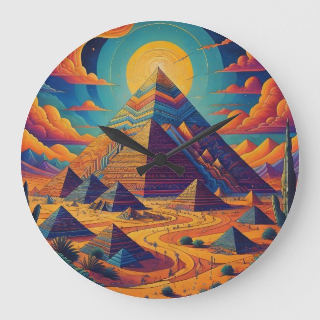 Psychedelic Egyptian Pyramid Landscape Art Large Clock (Front)